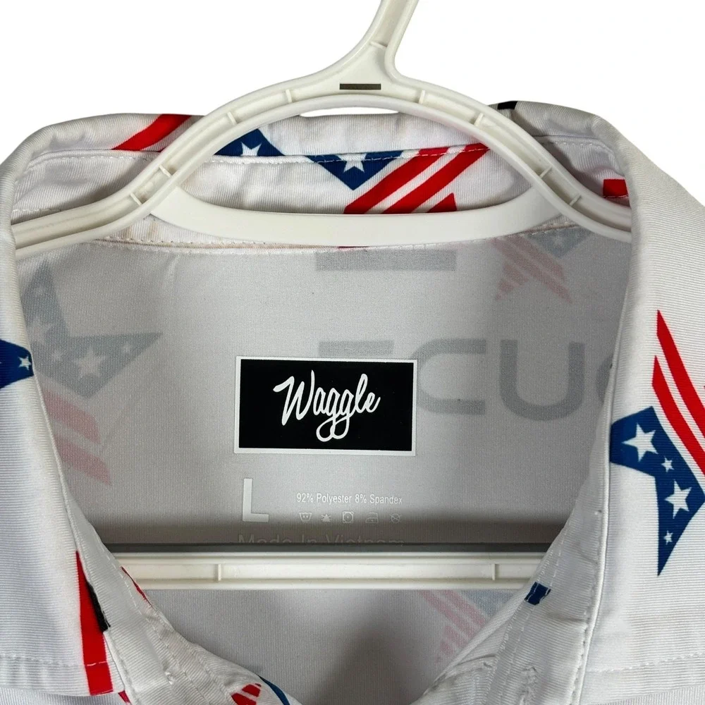 Waggle Performance Golf Polo‎ Shirt Dude Wipes USA Stars Mens L Stretch S/S read - Picture 5 of 10